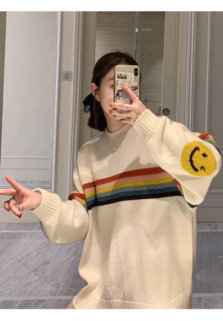 Rainbow Stripe Elfin-like Round Neck Sweaters Women Long Sleeve Smiling Face Knitted Tops Autumn Winter Large Size Pullovers