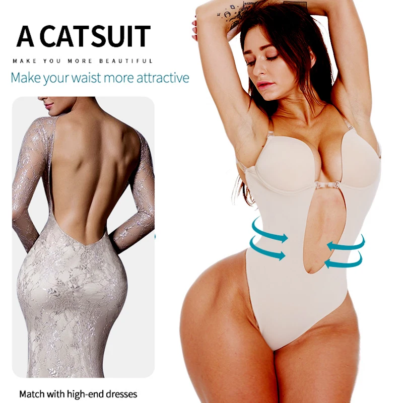 Bodysuit Shapewear Deep V Full Body Shaper Backless U Plunge Thong Waist Trainer Women Dress Underwear Padded Bra Push Up Corset