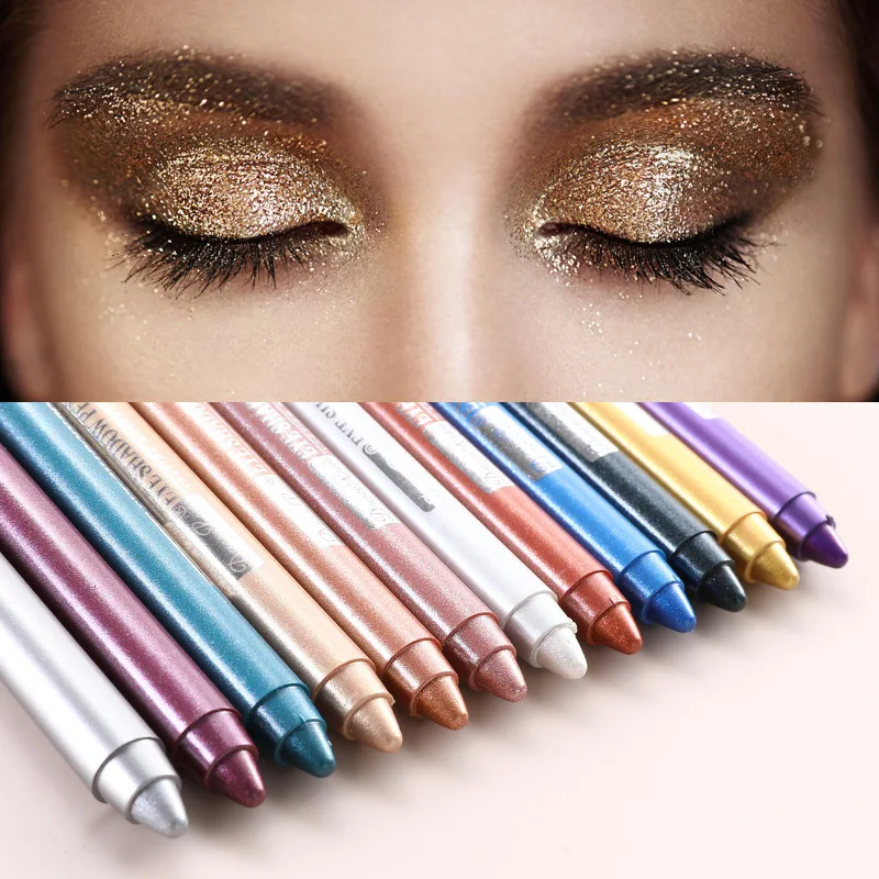 12 colori Glitter Eyeshadow Waterproof Shimmer Highlight Eye Shadow Pen Shiny Sexy popolare Eye Shadow Stick con temperamatite