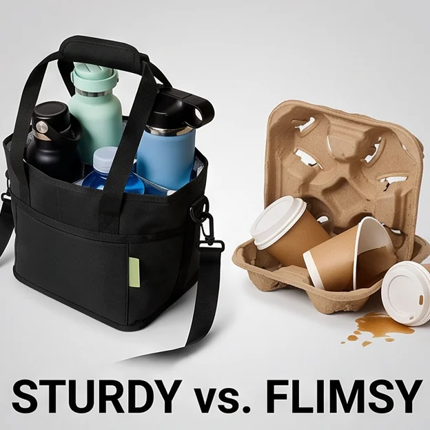 Insulated Water Bottle Holder With Shoulder Strap Reusable Drink Bag Hands Free 4-Compartment Drink Holder Hot Drinks