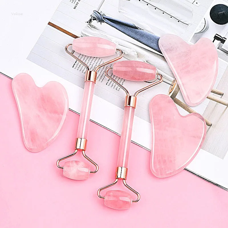 Rose Quartz Double Head Roller Gua Sha Board Set Resin Scraping Massage Tool For Face Eye Lifting Skin Care Beauty Gift