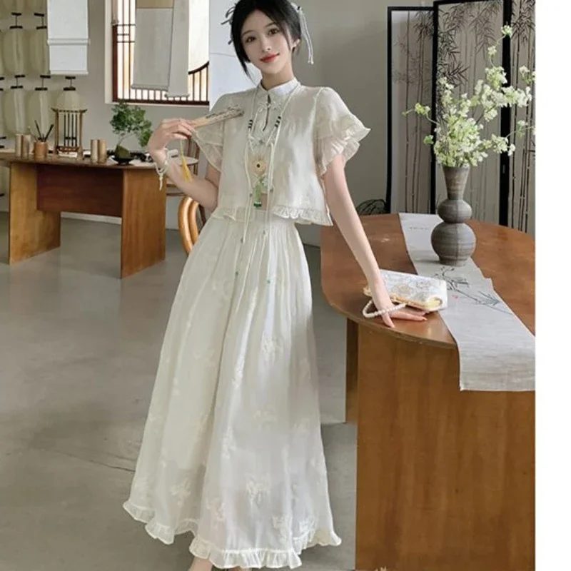 Sweet Lace Short Sleeve Top Half Skirt Set Women's Summer 2023 Fashion Skirt Suit Women's Traditional Chinese Clothing