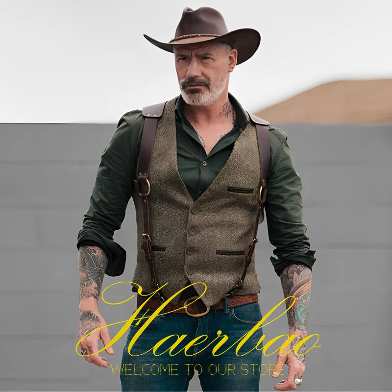 

Men's Herringbone Vest Western Cowboy Style V Neck Vintage Wool Sleeveless Jacket Groom's Vest Waistcoat chaleco hombre