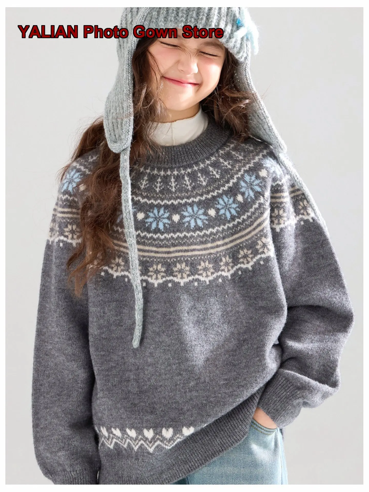 [Fair Isle Snow Night] Pattern Warm Anti-Pilling Knit Top Girls Winter New