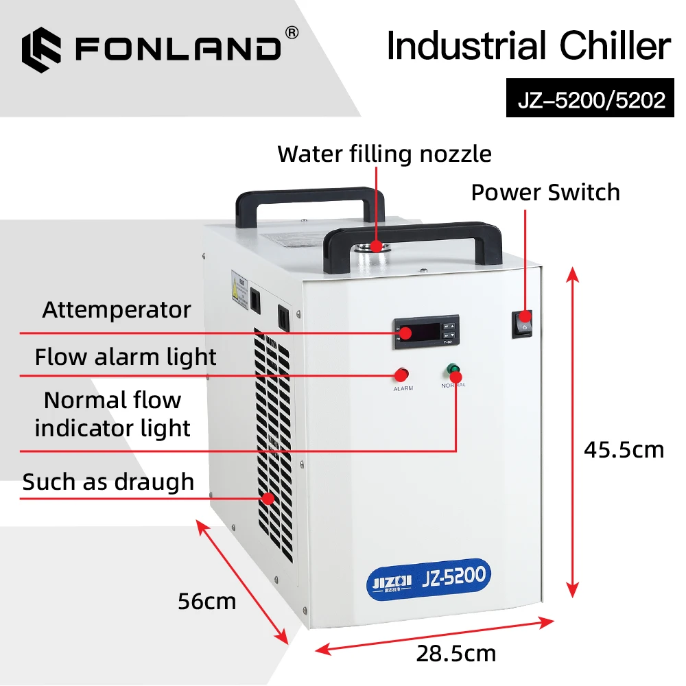 JZ-5200/5202 Industrial Water Chiller for CO2 Laser Engraving Cutting Machine Cooling 100-150W Laser Tube DG110V AG220V