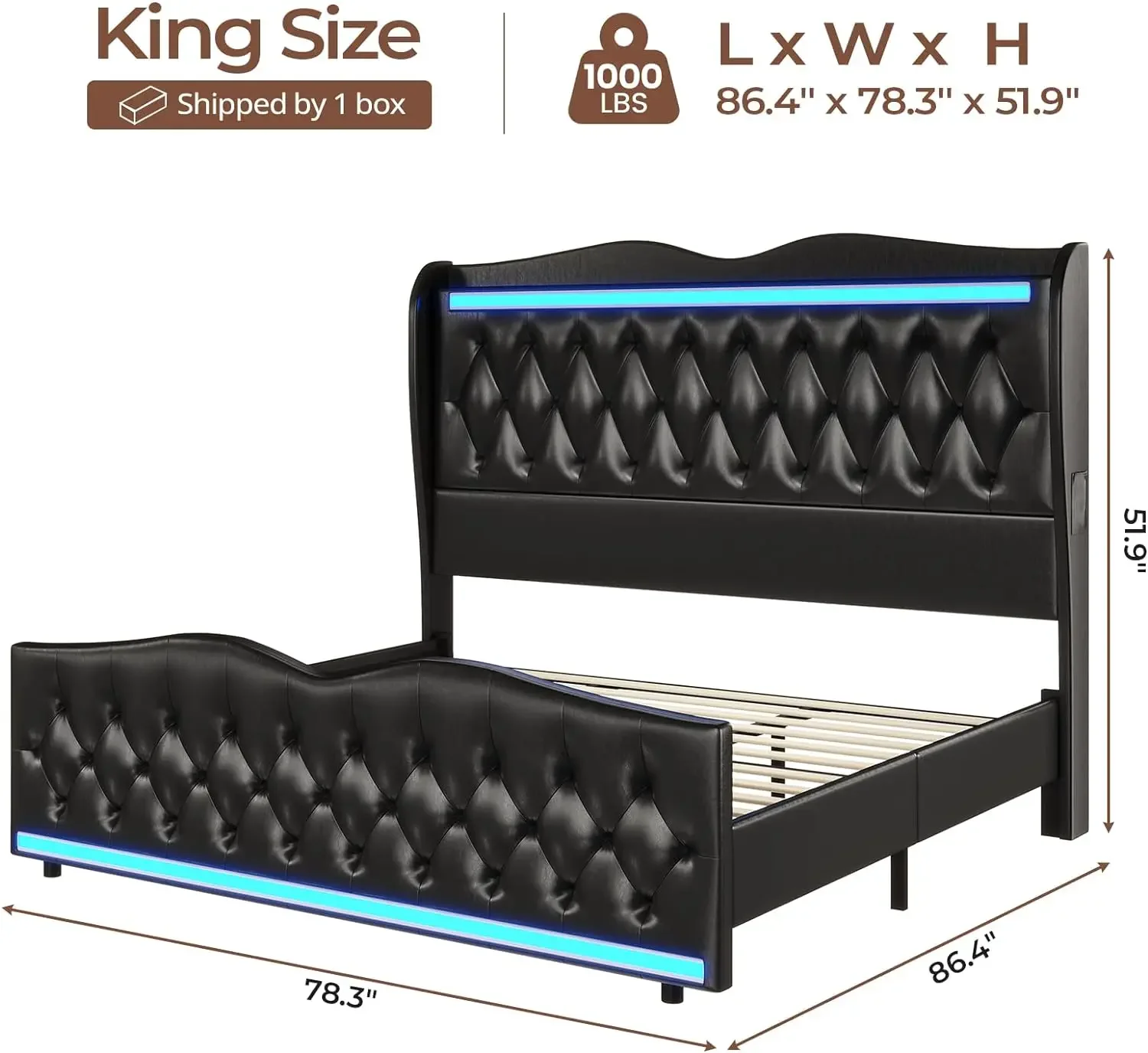 Bed Frame Tall Headboard with LED Lights & Charging Station, Upholstered Wing Headboard & Footboard, Heavy Duty Wooden Slats