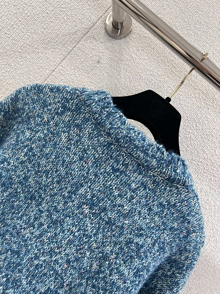 SVORYXIU Lente en herfst modieuze blauwe casual trui dames losse retro trui met bloemenpatroon