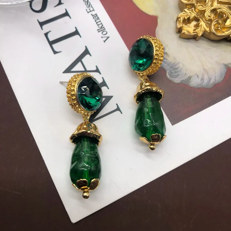 Vintage Grandmother Green Water Drop Glass Pendant Gold Plated Temperament Earrings