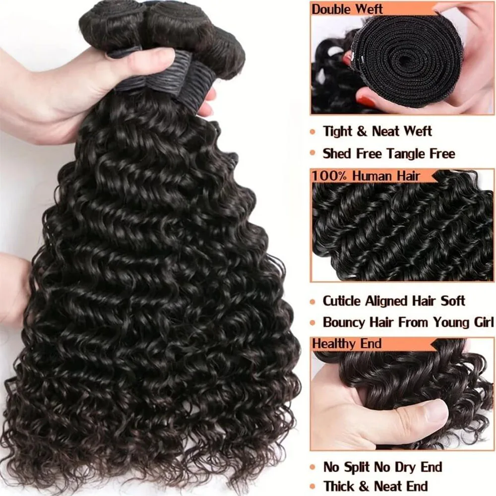 Пучки глубоких волн, человеческие волосы, бразильские девственные пучки человеческих волос, 100% необработанные пучки глубоких волн, натуральный черный для женщин