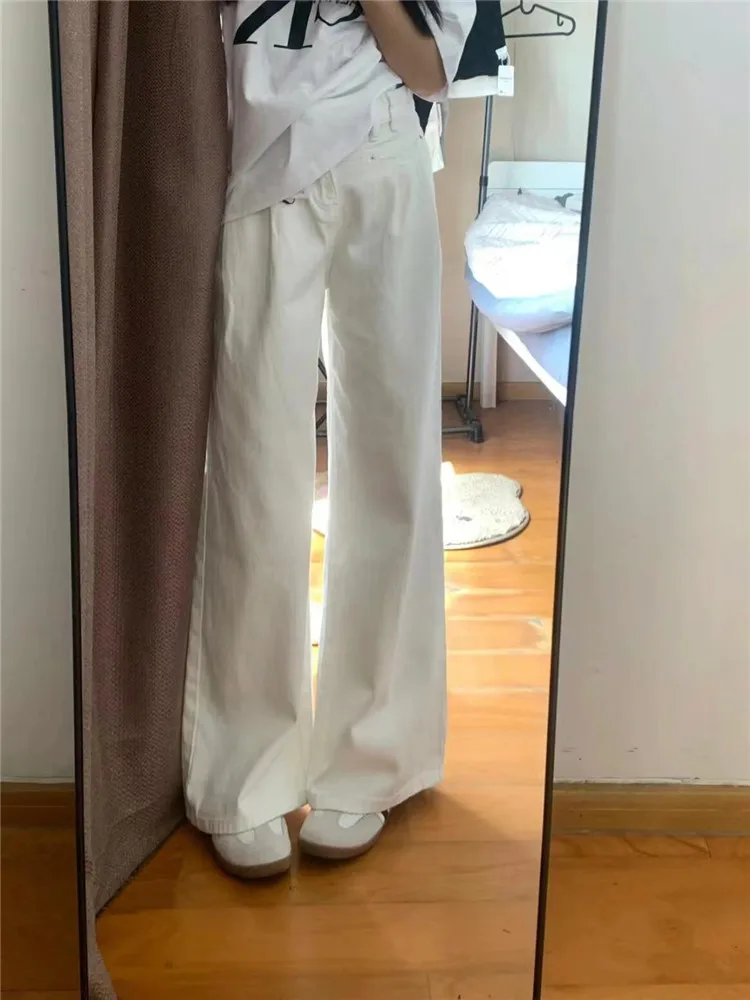 

White Wide Leg Jeans Women's Summer Design Tall Extended Pleated Loose Drapey Slimming Floor-Length Pants