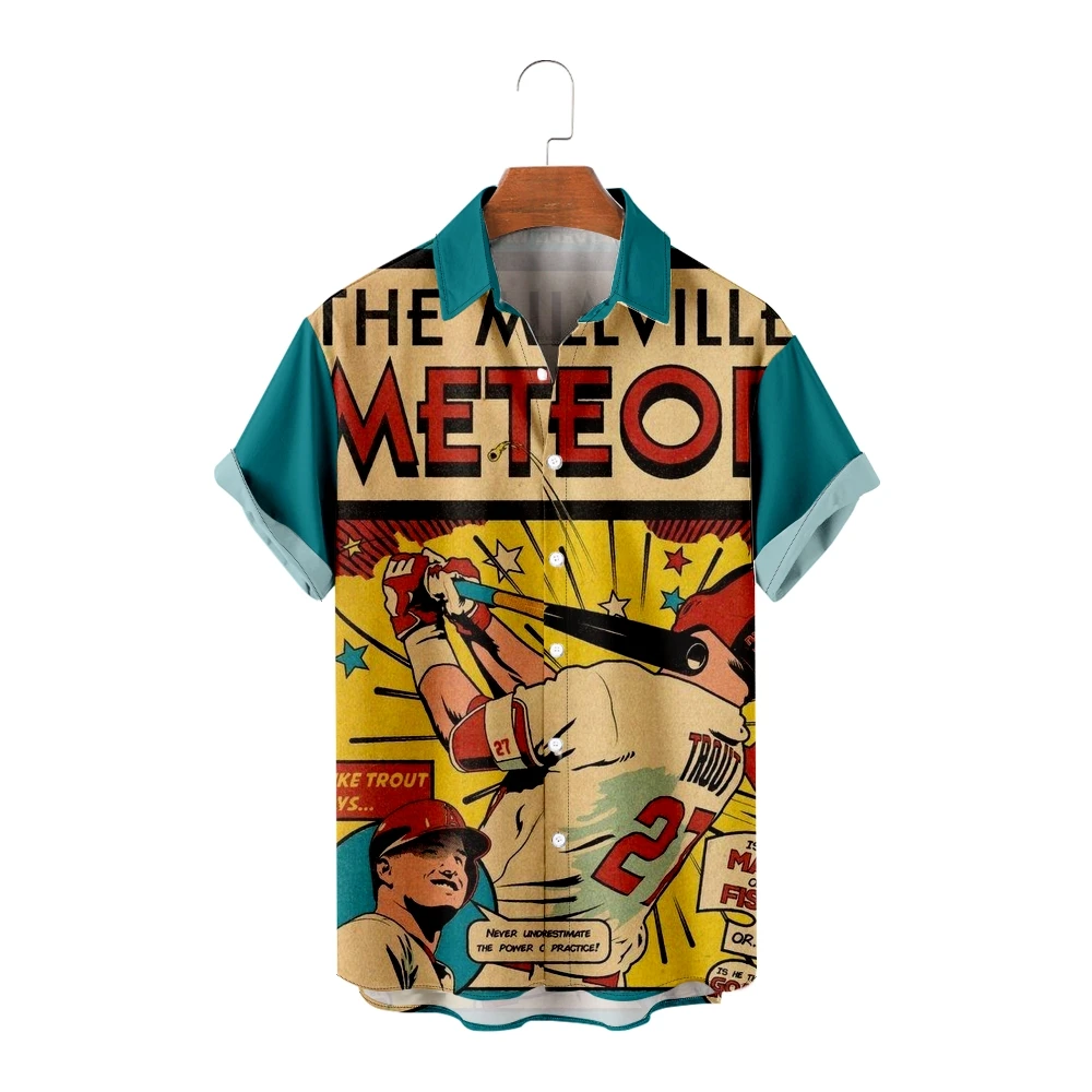 

Comic Style Shirts for Men Baseballer Print Tops Short Sleeve Summer Beach Vacation Shirt Breathable