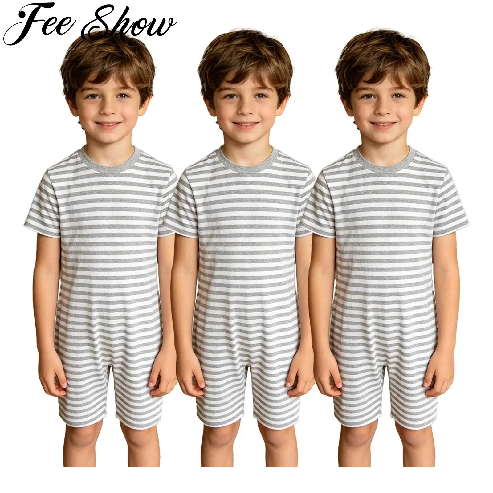 3pcs Adaptive Special Needs Clothing Short Sleeve Thigh Length Anti-strip Zipper Striped Jumpsuit for Autism Kids Boys Girls