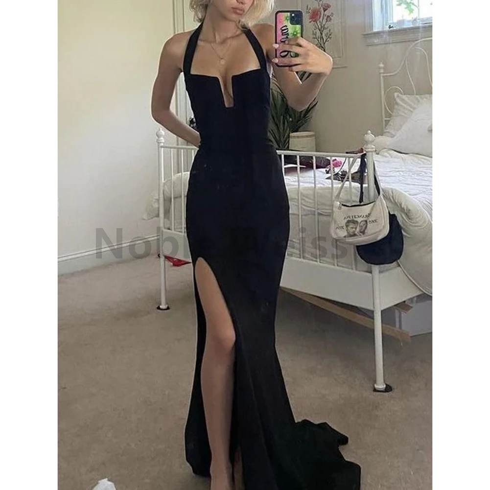 Halter satijnen galajurk vloerlengte zeemeermin avondjurk aanpassen