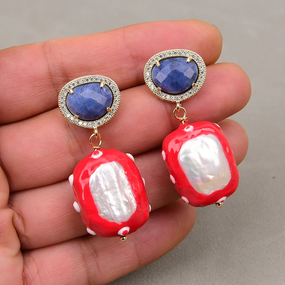 GG Natural Rectangle Shaped White Keshi Pearl Red Enamel Glaze Paved Blue Sodalite CZ Stud Earrings Lady Fashion Jewelry Gift