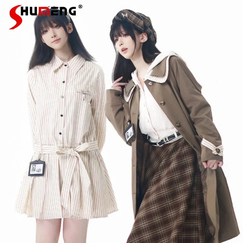 

Студенческий стиль колледжа, милый крутой длинный плащ, осенняя новая длинная куртка для девочек, вязаный свитшот с капюшоном, красная клетчатая юбка, комплект рубашек