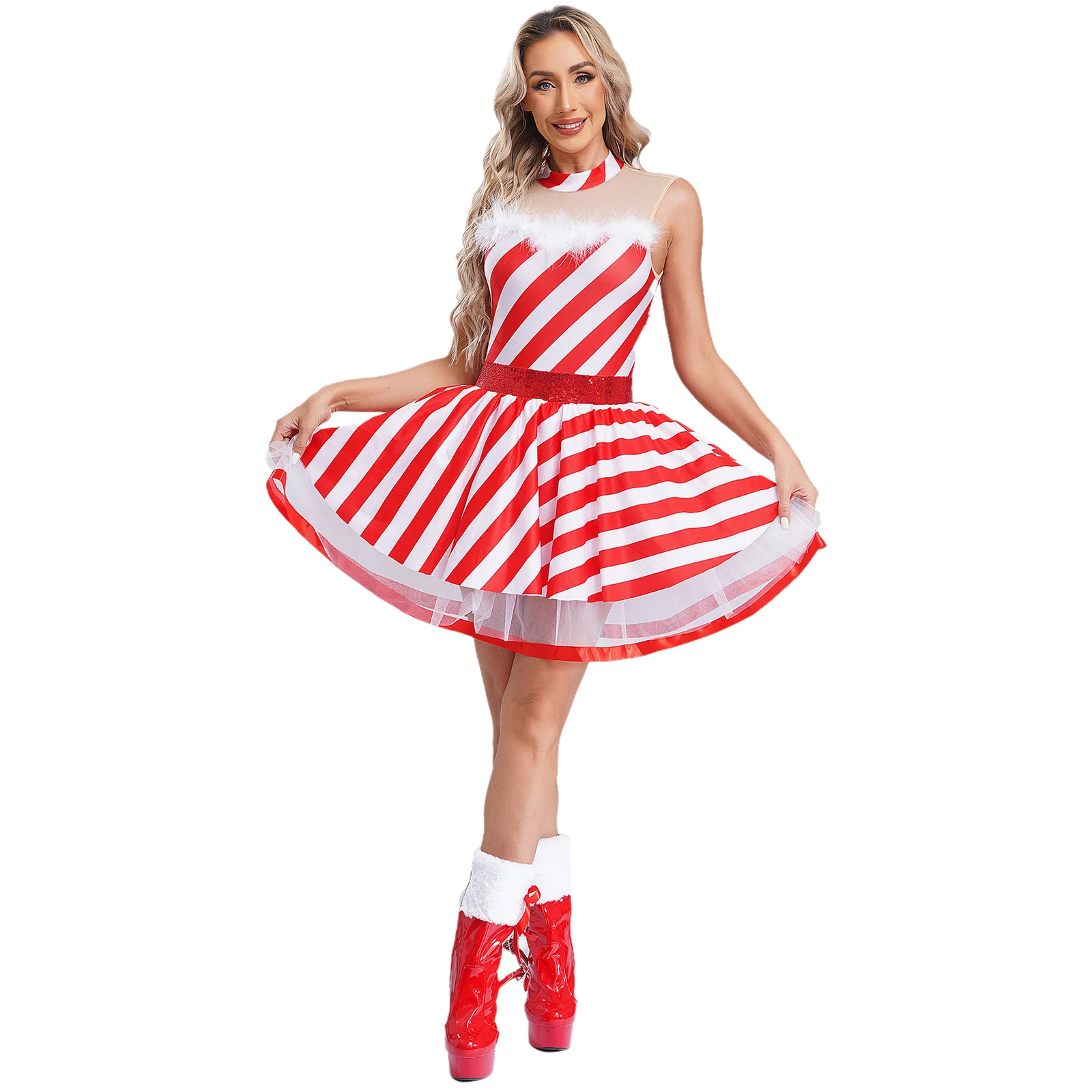 

Women Christmas Costume Candy Cane Santa Claus Party Dress Sleeveless Sequins Striped Ballet Tutu Dress Figure Skating Bodysuit