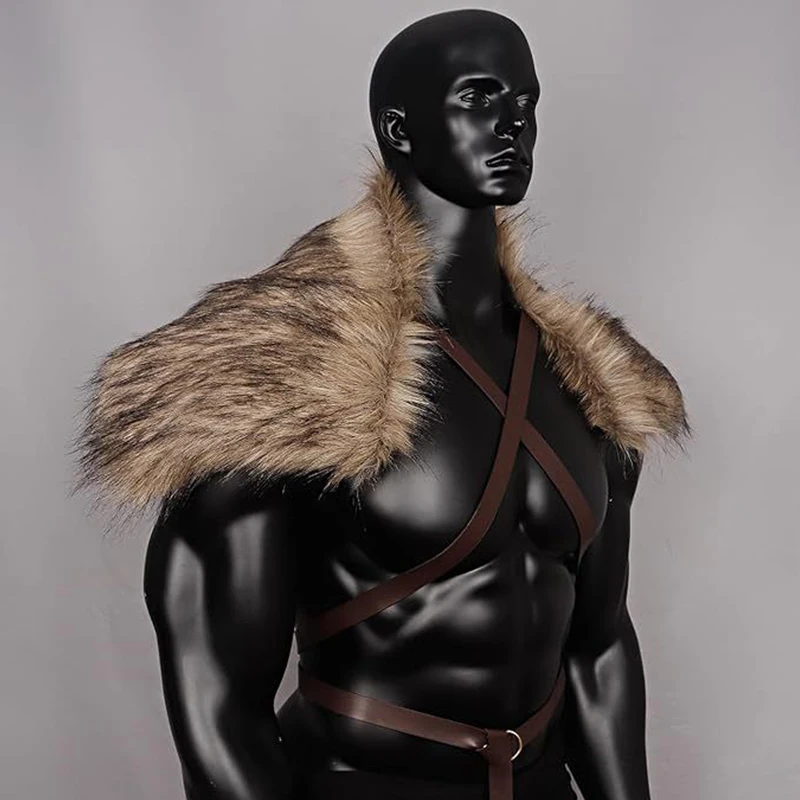 Neue mittelalterliche Kunstpelzkragen Schal mit Riemen König Krieger Umhang Schulter Wrap Cape Männer Halloween Cosplay Kostüm Zubehör