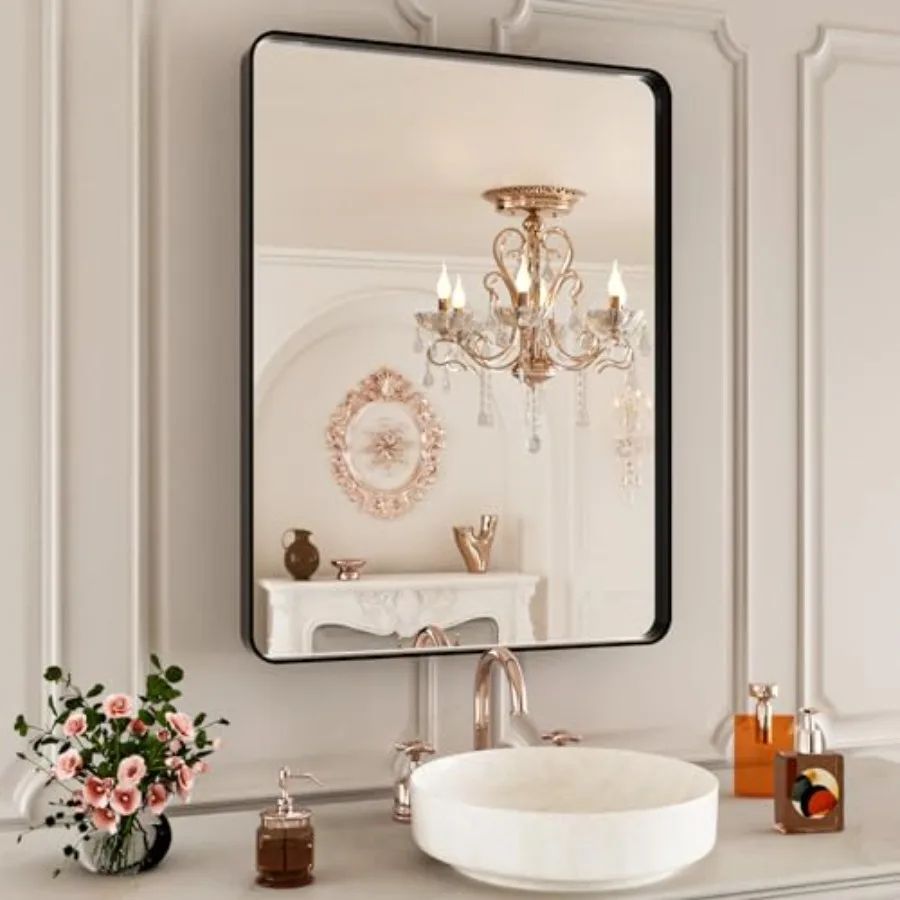 

22x30 Inch Black Bathroom Mirror, Rectangle Wall Mirror for Bathroom, Round Corner Matte Black Metal Framed Mirror Horizontal/V