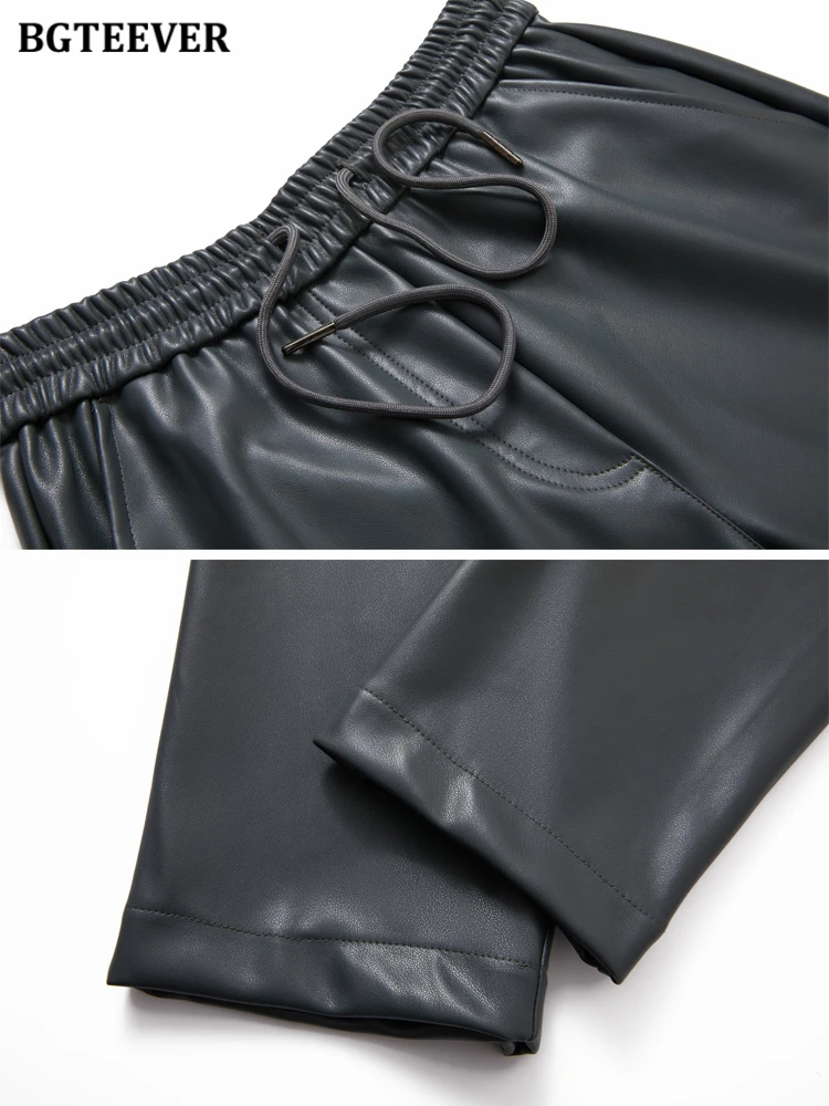 BGTEEVER Casual Drawstring PU Leather Trousers Women Spring Autumn Elastic Waist Straight Faux Leather Pants Female