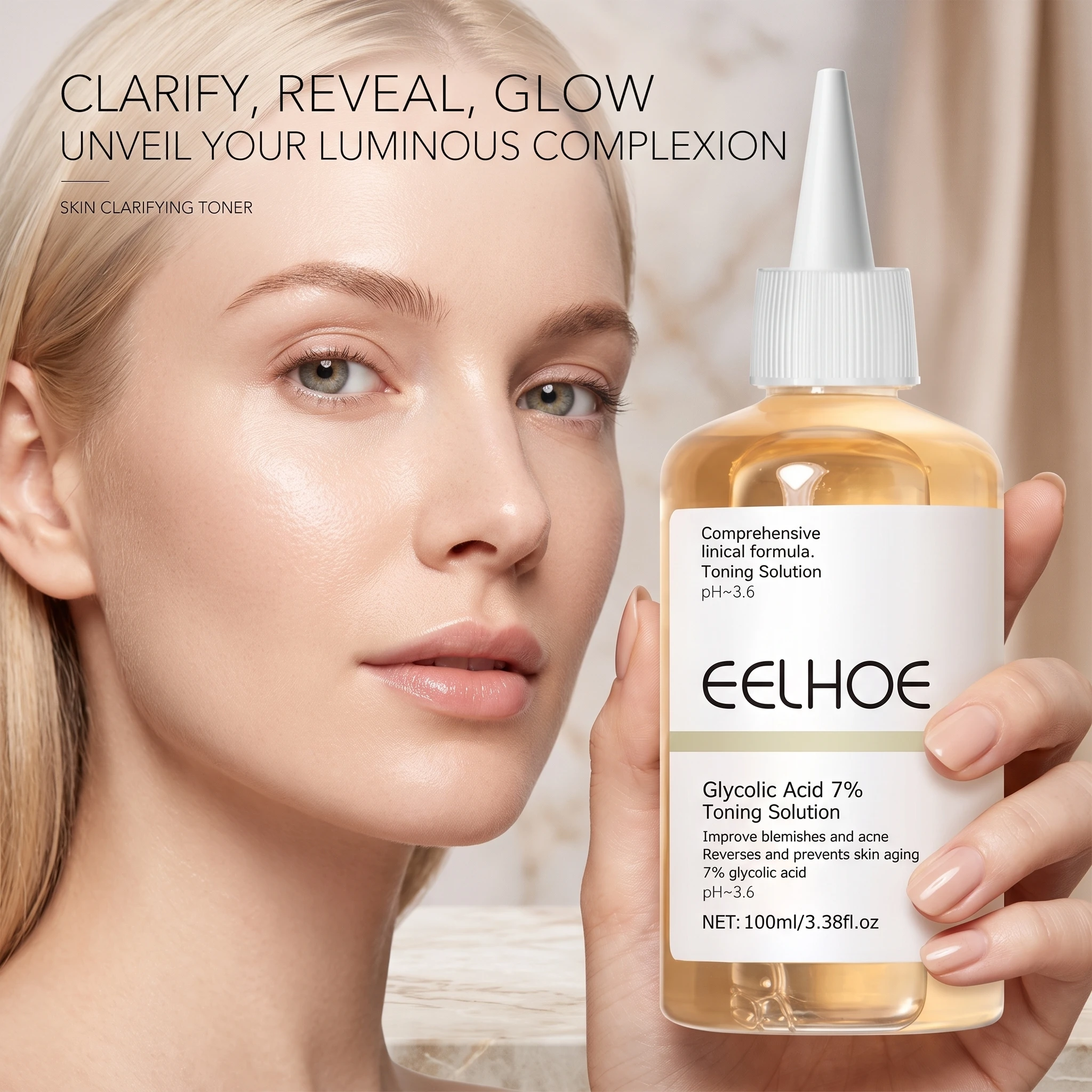 Eau tonifiante à l'acide glycolique 100 ml 7% pour éclaircir les imperfections, raffermir, lutter contre les ridules et revitaliser la peau terne du visage