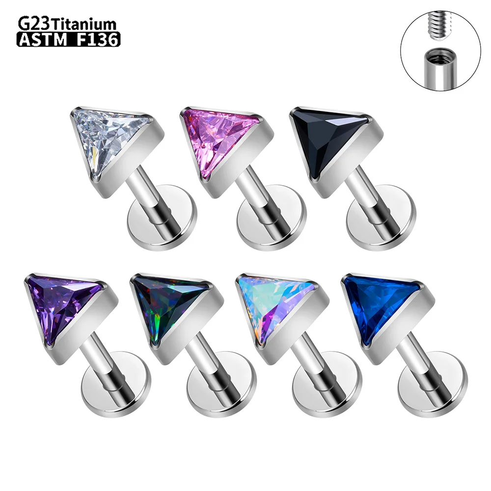 Luxury CZ Inlaid F136 Titanium Piercing Internal Thread Labret Studs Set Triangle Helix Tragus Lip Ear Body Piercing Jewelry