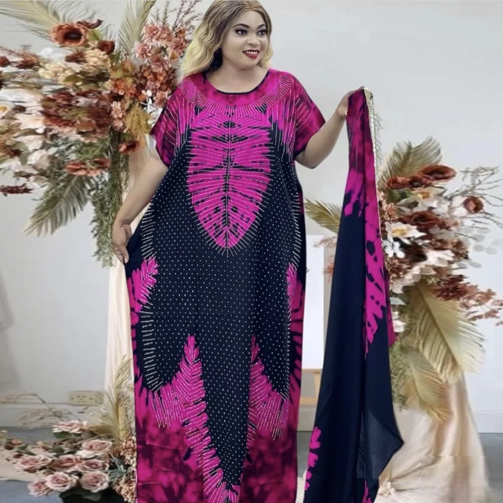 

2025 New Fashion Casual Printed Hot Diamond Large Scarf Ethnic Robe African Summer Women's Cotton Loose Dress