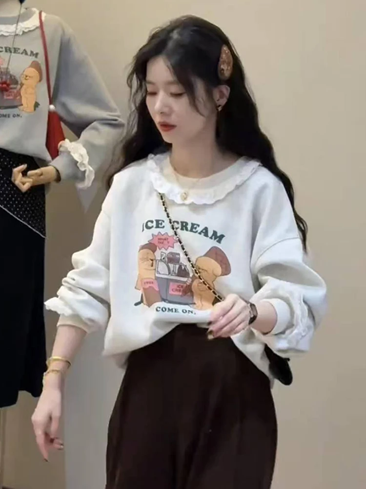 

Комплект: свитшот с кружевной отделкой в корейском стиле и прямые повседневные брюки свободного кроя для женщин, осень-зима, новинка, круглый вырез