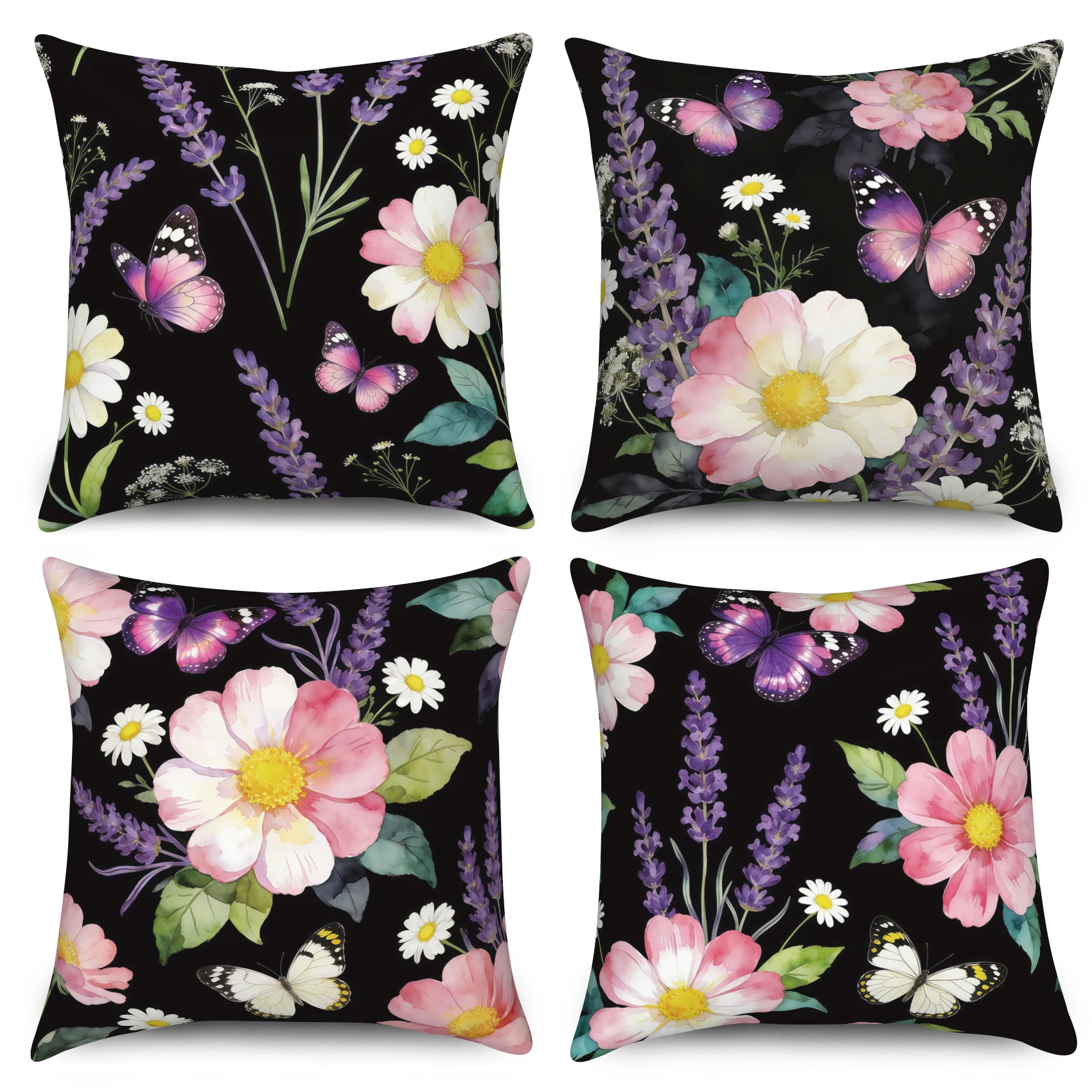 4Pcs Black Floral Butterfly Pillow Covers Polyester Linen Cushion Covers for Home Decor Vintage Botanical Flower Pillowcases