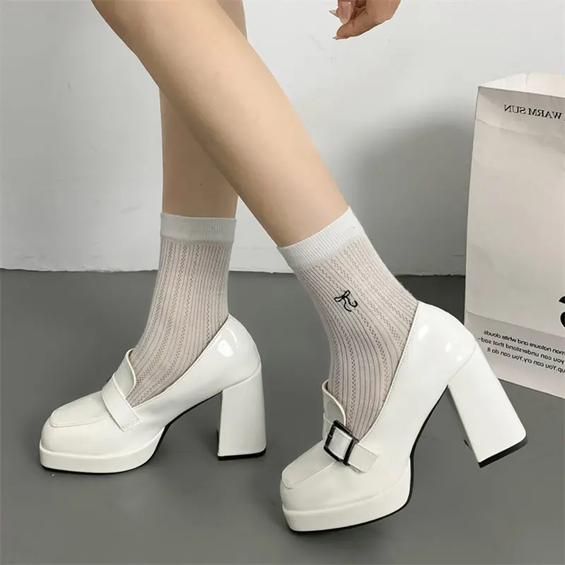 2024 Hot Sale High Heels Loafers Women shoe Metal Decoration Platform single Shoes Woman College Mary Jane Shoes JK Uniform Shoe