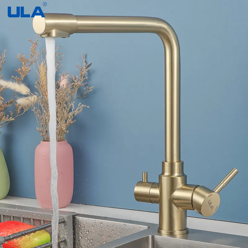 ULA Brushed Gold Kitchen Faucets Stainless Steel 360 Rotate Kitchen Faucet Deck Mount Cold Hot Water Sink Mixer Kitchen Gold Tap