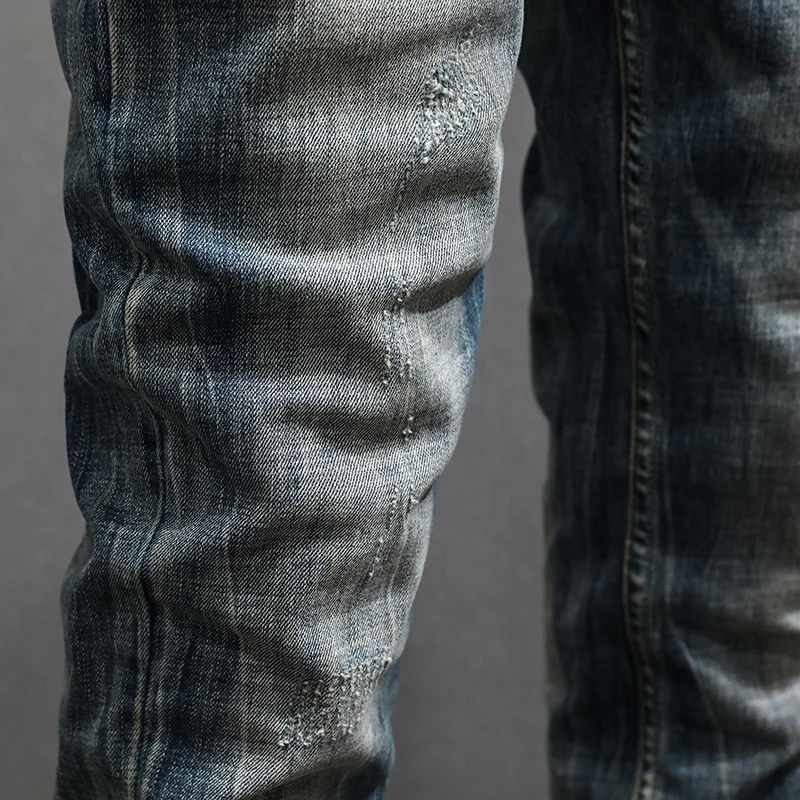 Fashion Designer Men Jeans High Quality Retro Washed Blue Stretch Slim Fit Ripped Jeans Men Vintage Casual Denim Pants Hombre