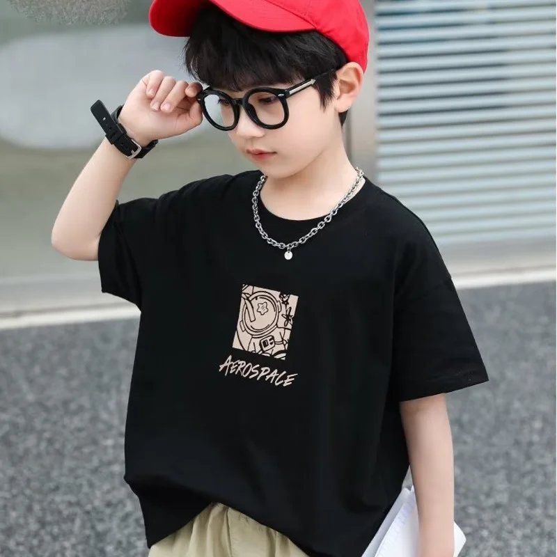 

Summer Handsome Cool Kids Boy Casual Cartoon Bear Print Trendy Children's Pure Cotton T-shirt Short Sleeve Toddler Tees Han Fan