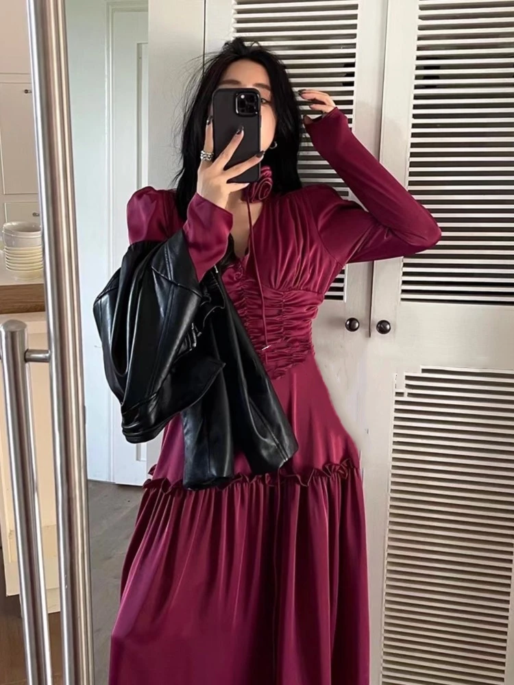 Autumn Satin Midi Dresses for Women Long Sleeve V-neck Folds Design A-line Korean Fashion Office Lady One Piece Vestidos New