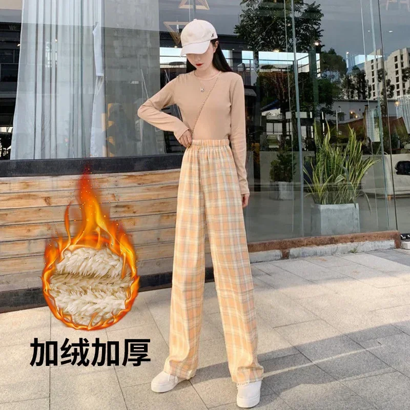 Fashion Warm Plush Pants Thick Plaid Women Winter Casual Loose Wide Leg Trousers Korean Streetwear Straight Student New 2023