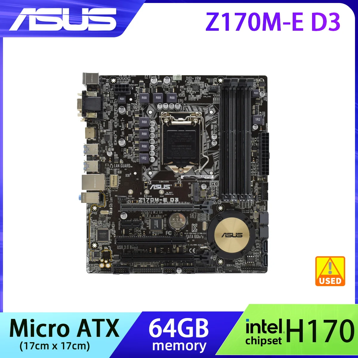 

Used Motherboard ASUS Z170M-E D3 64GB PCI-E 3.0 M.2 UEFI BIOS Micro ATX Support Core i7 i5 i3 Cpus Intel Z170 LGA 1151 Socket