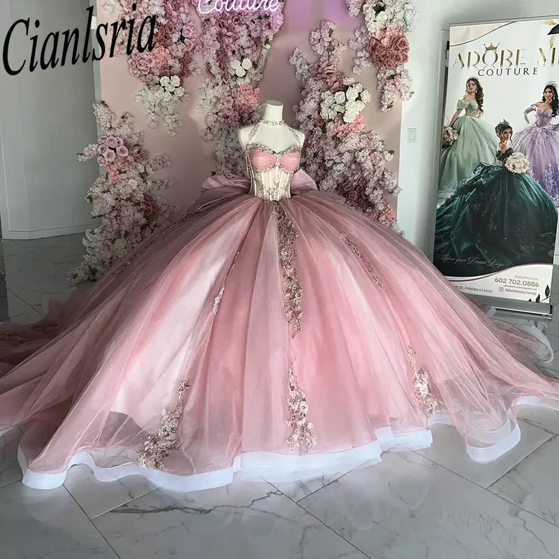 Pink Illusion Halter Bow Quinceanera Dresses Ball Gown Appliques Lace Beading Customized Corset Dresses Of XV Anos