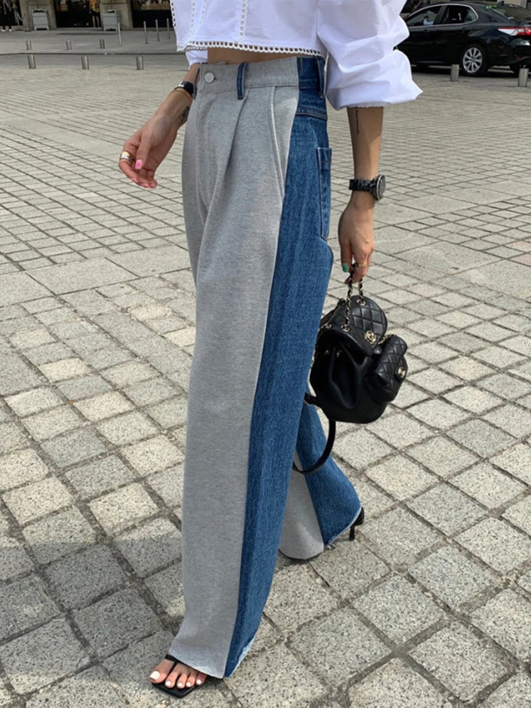 2023 femminile Streetwear Chic Mom Jeans tasca con cerniera Hit Color Jeans donna vita alta colore sfumato pantaloni in Denim blu pantaloni