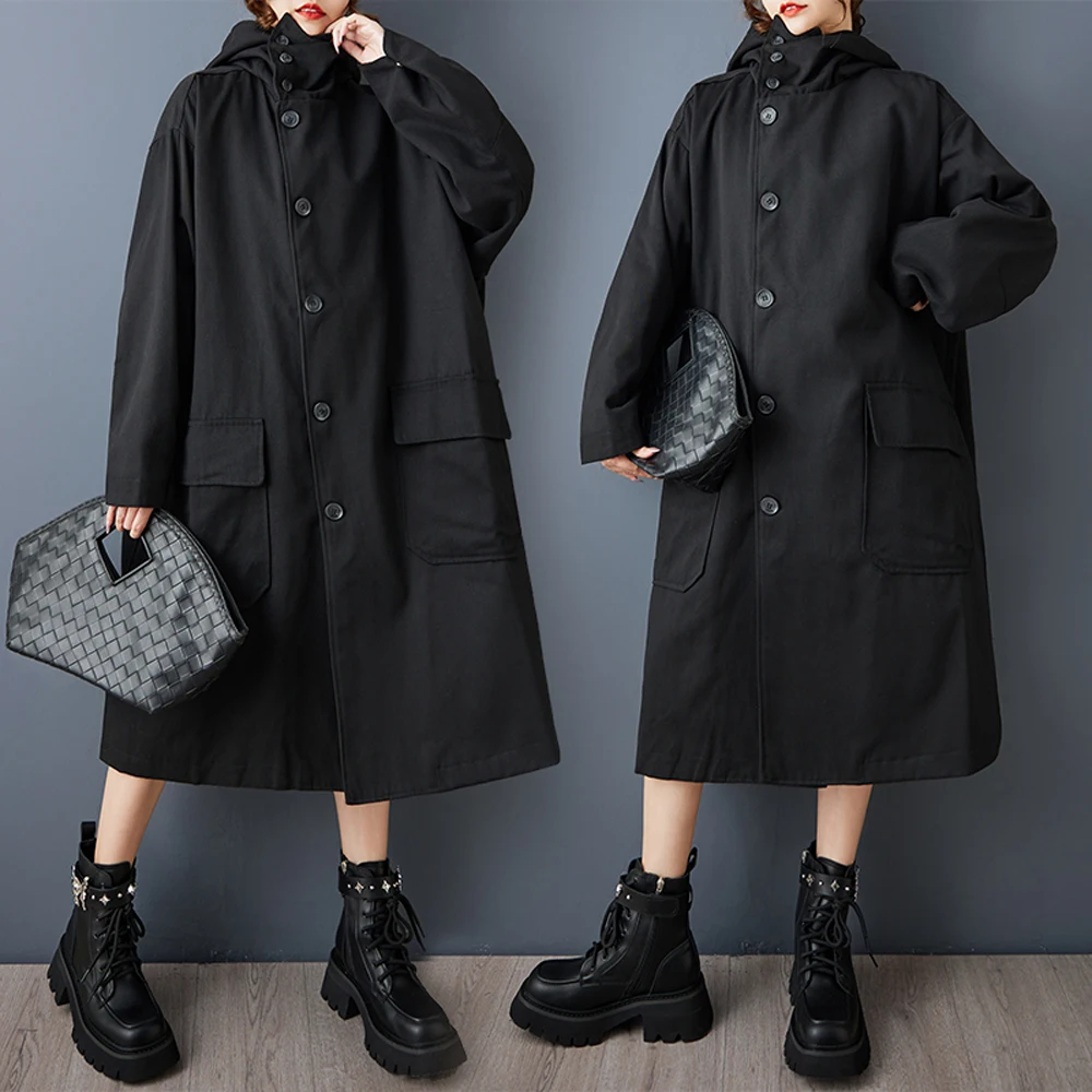 Płaszcz damski NYFS 2025, nowy jesienny, japoński, luźny, plus size, wiatrówka z kapturem, długi rękaw, długi trencz