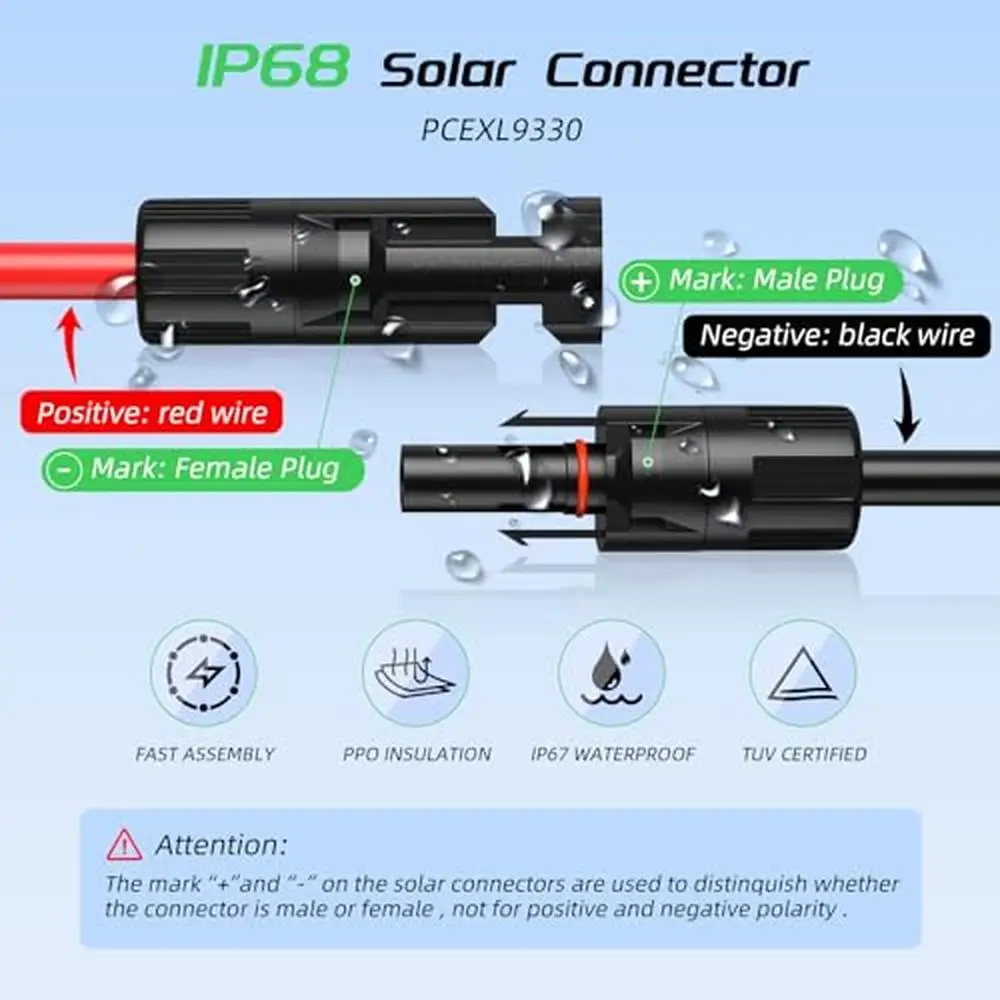 50FT 10AWG Solar Panel Extension Cable with Female & Male Connectors Connector Caps TÜV & UL Certified Tinned Copper Wire