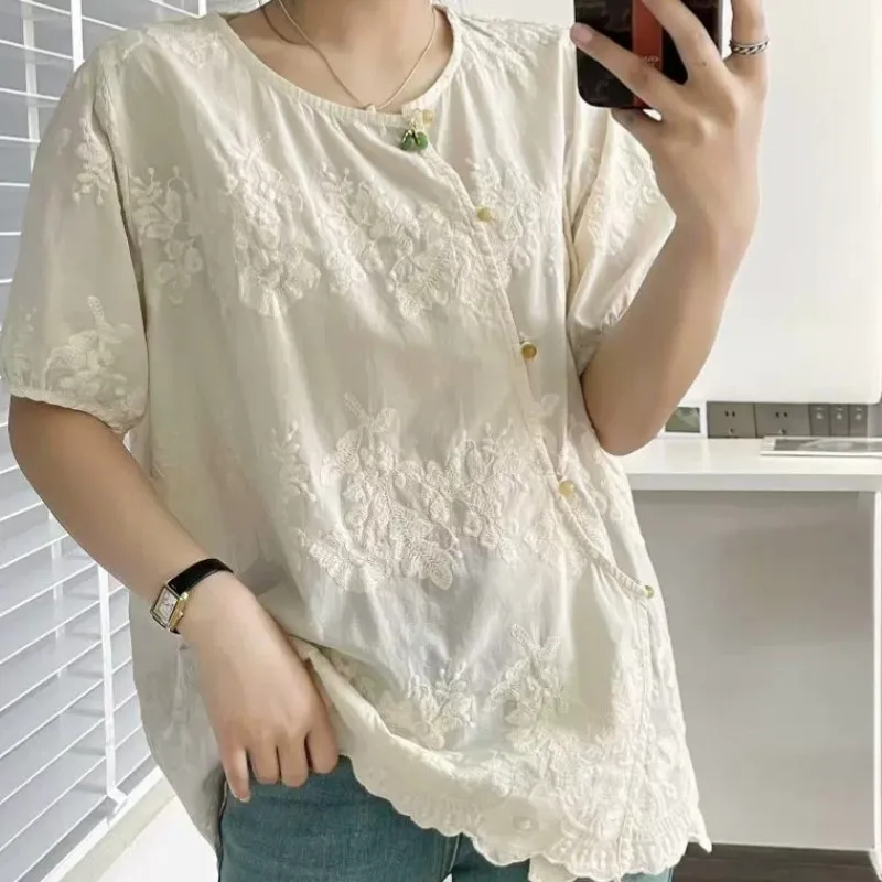 

Diagonal Button Embroidered Short Sleeve Top Embroidered Casual Slimming Shirt