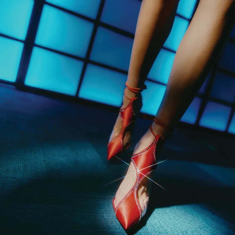 

Crystal Trim Satin Slingback Strap Sandals Sexy Pointed Toe Thin Heel Mixed Colors New Arrivals Fashion Women Modern Shoes