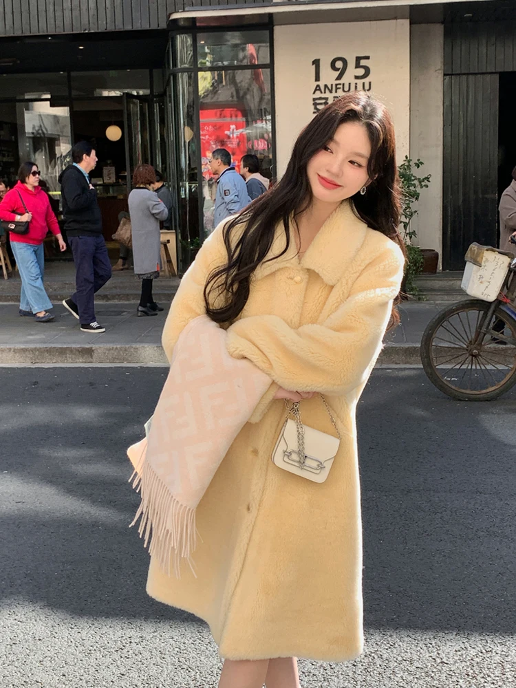 Cappotto lungo Young Sle GG Snow Country Lettera Pelliccia di agnello Jaet Cappotto invernale leggero di lana per tutta la pelle per donna