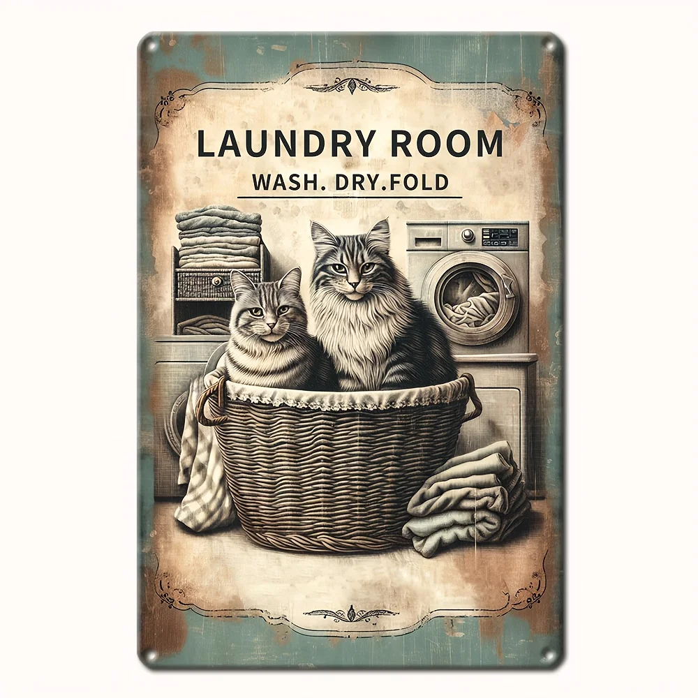 Vintage Metal Laundry Room Sign - Rustic Iron Wall Art with Cats in Wicker Hamper & Wash Dry Fold Instructions, Retro Home Decor