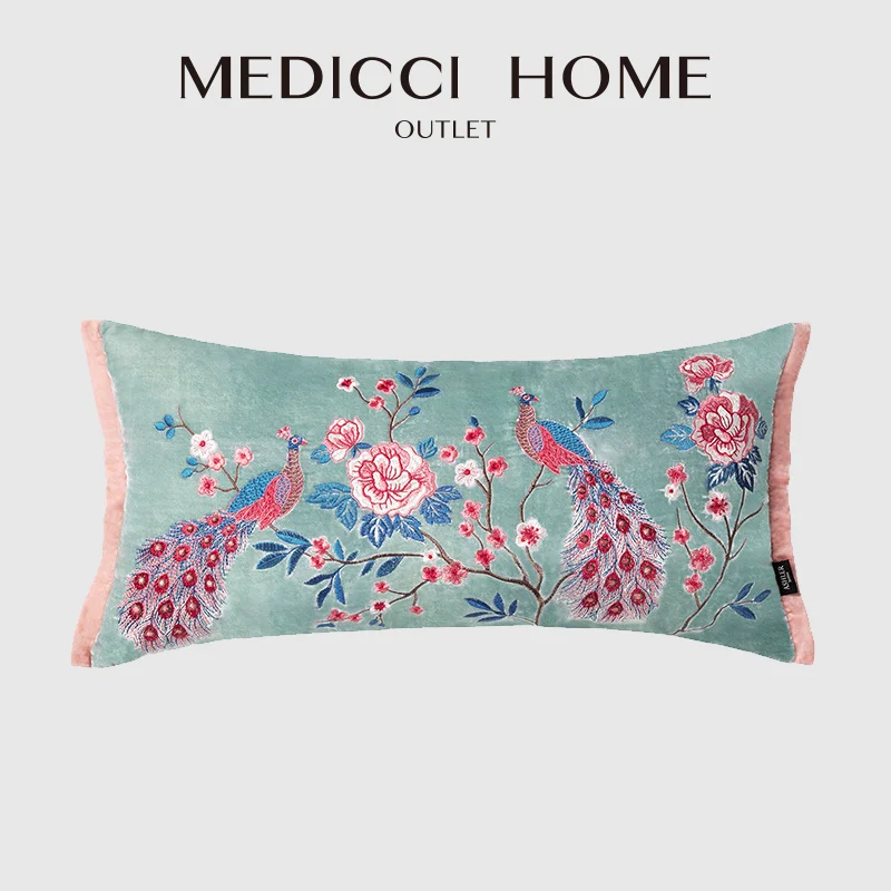 

Medicci Home Splendid Peacock Peony Flower Embroidery Lumbar Pillow Cover Luxury Handmade Rectangle Cushion Case For Villa Hotel