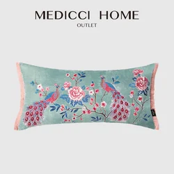 Medicci Home Splendid Peacock Peony Flower Embroidery Lumbar Pillow Cover Luxury Handmade Rectangle Cushion Case For Villa Hotel