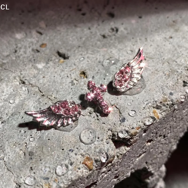 3/4Pcs Vintage Punk Pink Zircon Wing Cross Star Earrings Set Minimalist Ear Piercing Ear Cartilage Piercing Jewelry Accessories