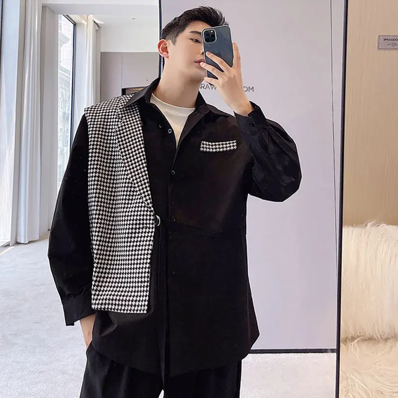 

Korean Sle Color Blo Plaid Suit Collar Long Sve Men's irt Fake Two-Piece Haome Hairst Top Youth Faion