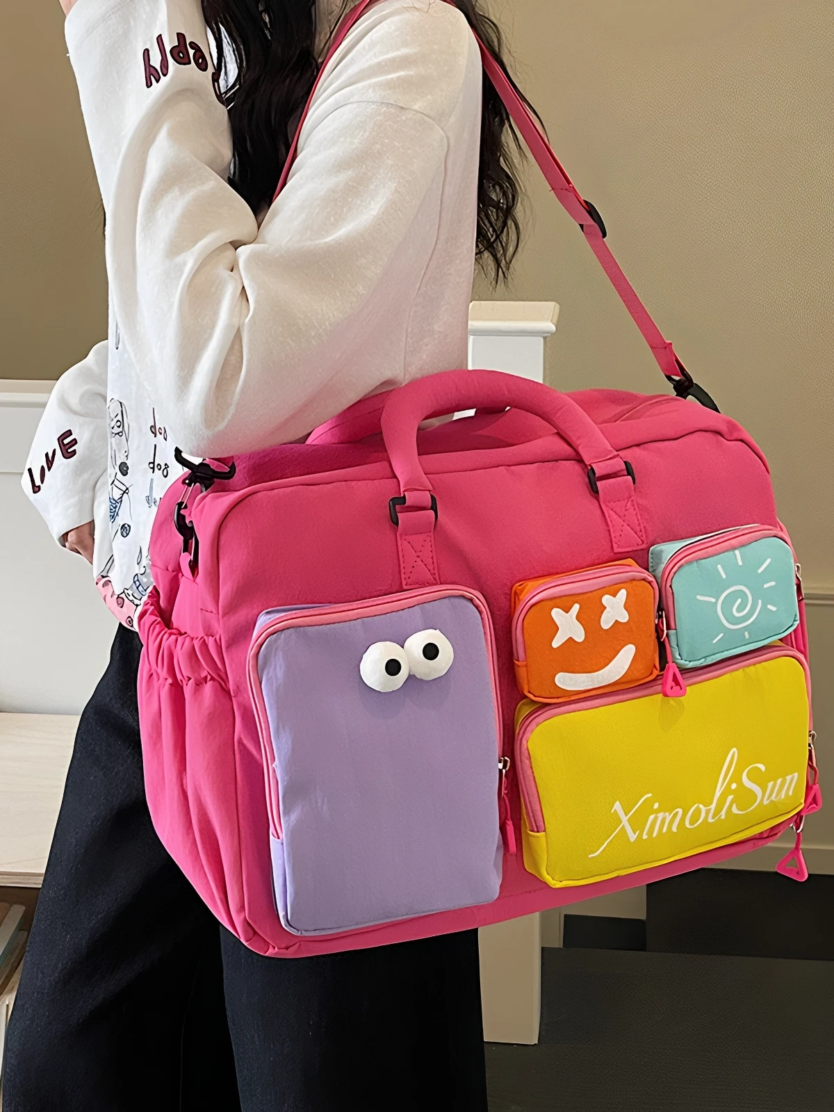 large-capacity-sport-fitness-bag-travel-bag-women's-short-trip-dopaamine-color-collision-carry-on-bag-storage-luggage-bag