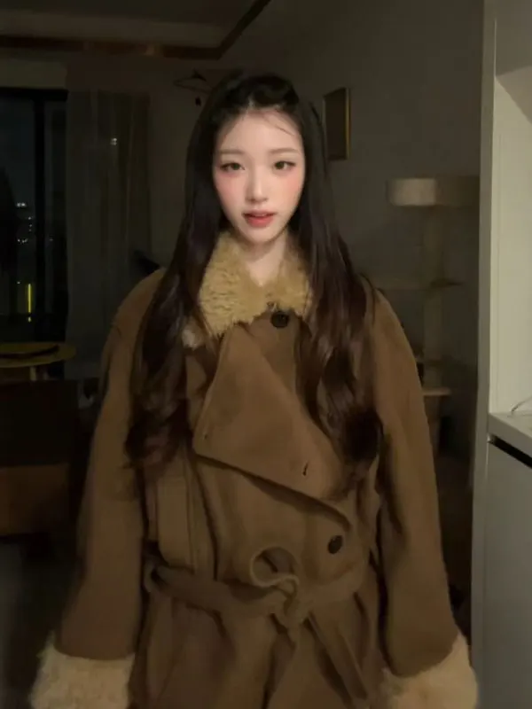 

Розовое шерстяное пальто средней длины Ele Sle, корейская версия, зимняя верхняя одежда на пуговицах с завязкой на талии для молодых женщин