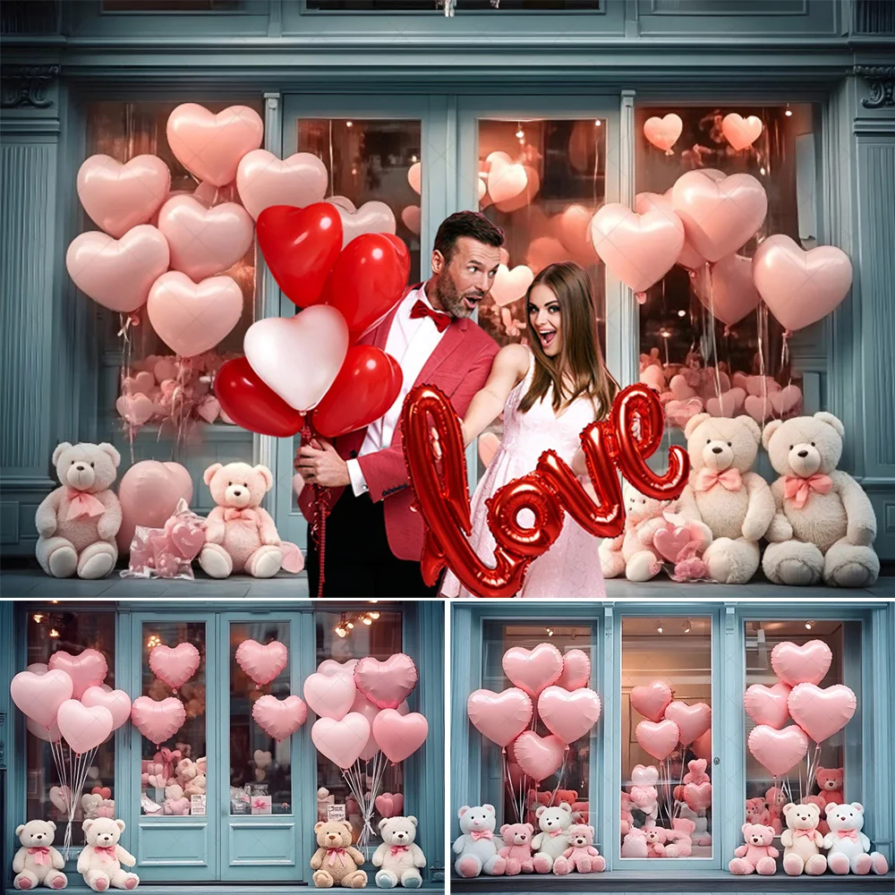 

February 14th Valentines Day Shop Backdrop Love Heart Balloon Bear Pink Flower Memorial Day Wedding Party Photography Background